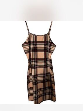 Plaid Spaghetti-Strap Midi Dress in Tan